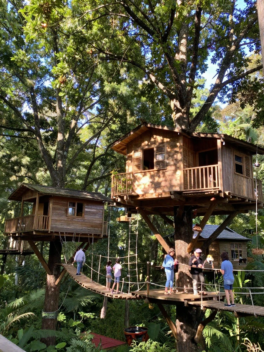 A treehouse city connects dozens of homes via rope ladders high in a forest canopy.