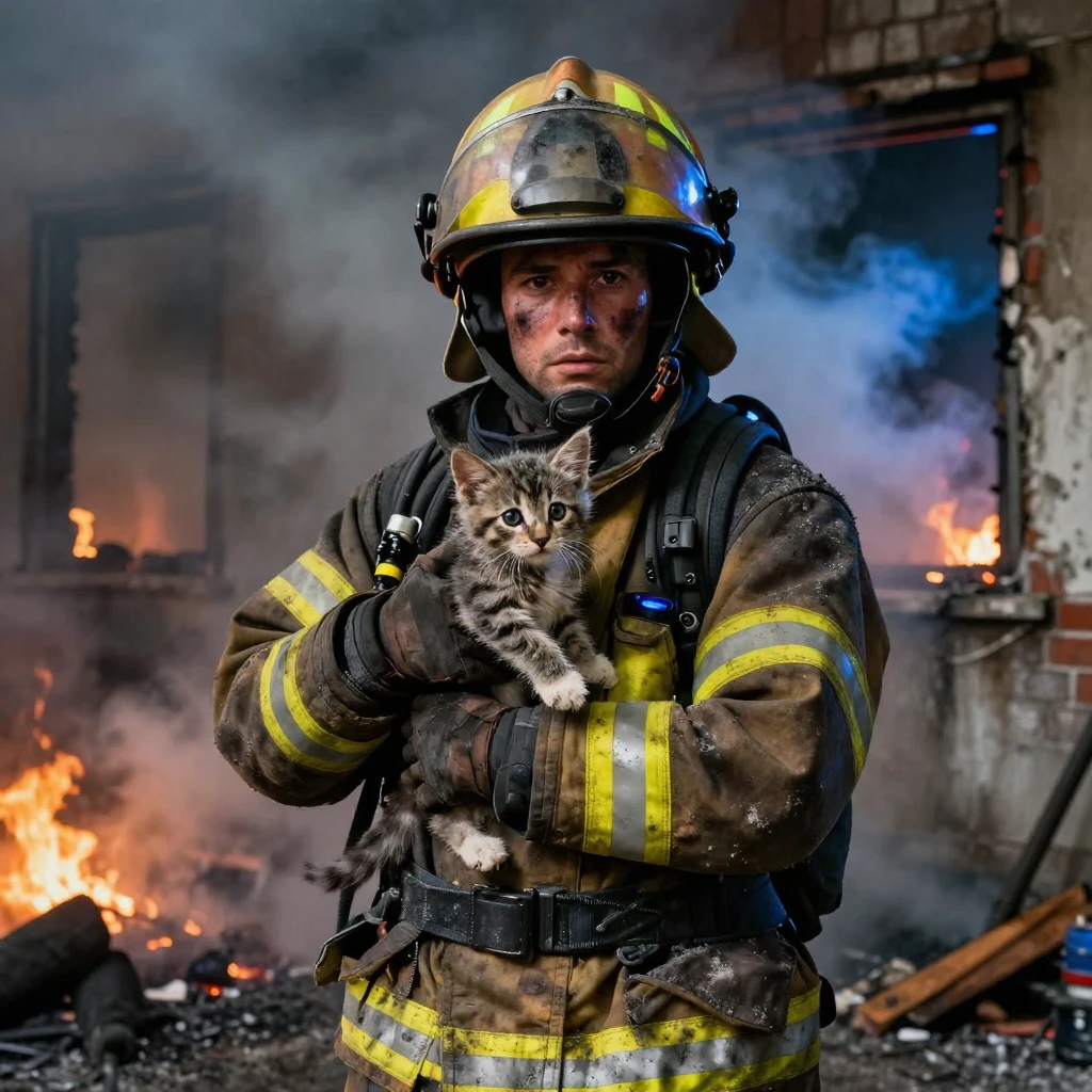 A firefighter carrying a rescued kitten out of a smoky building, both covered in soot