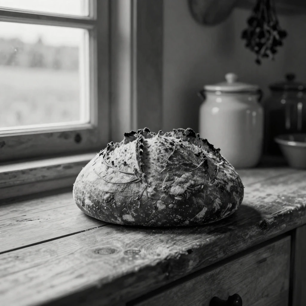A freshly baked loaf of bread cools on a wooden windowsill in a cozy farmhouse kitchen.