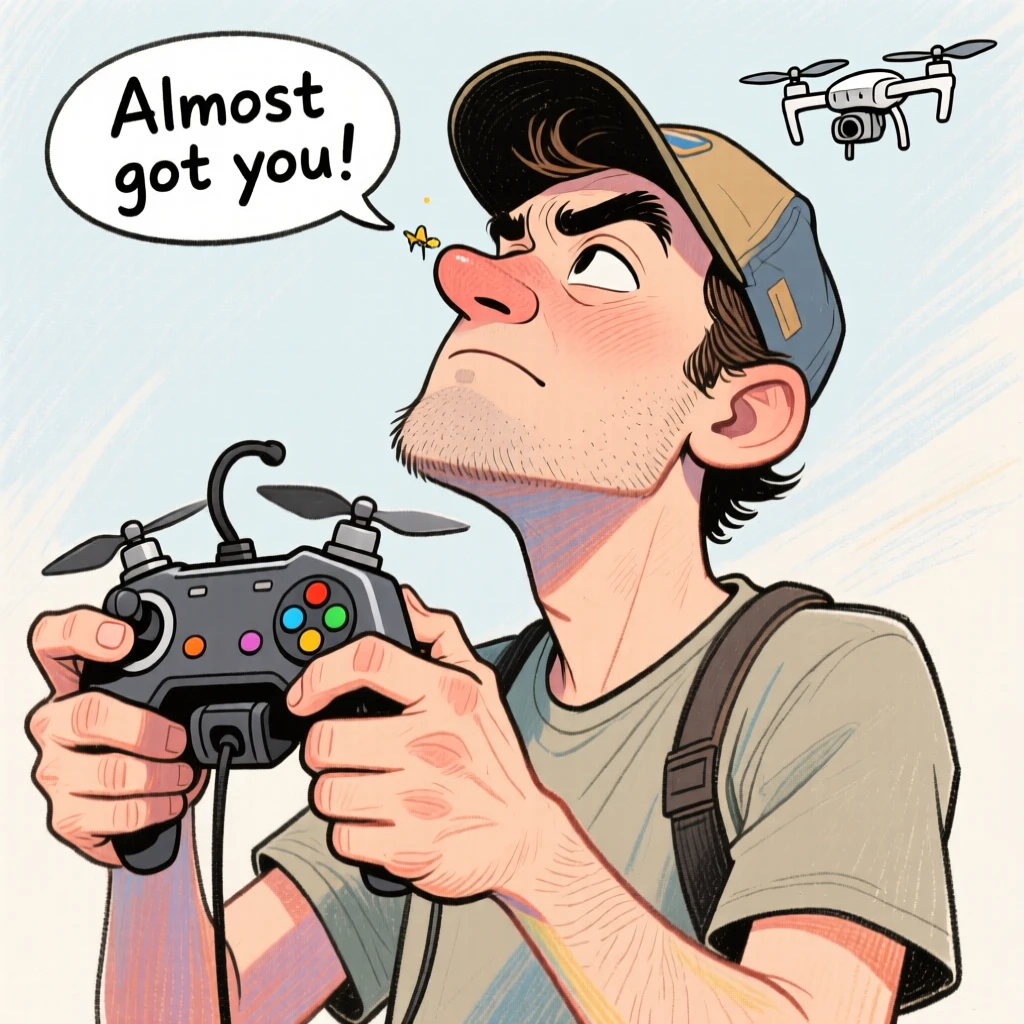 A drone pilot squinting up at the sky, controller gripped tightly in both hands.