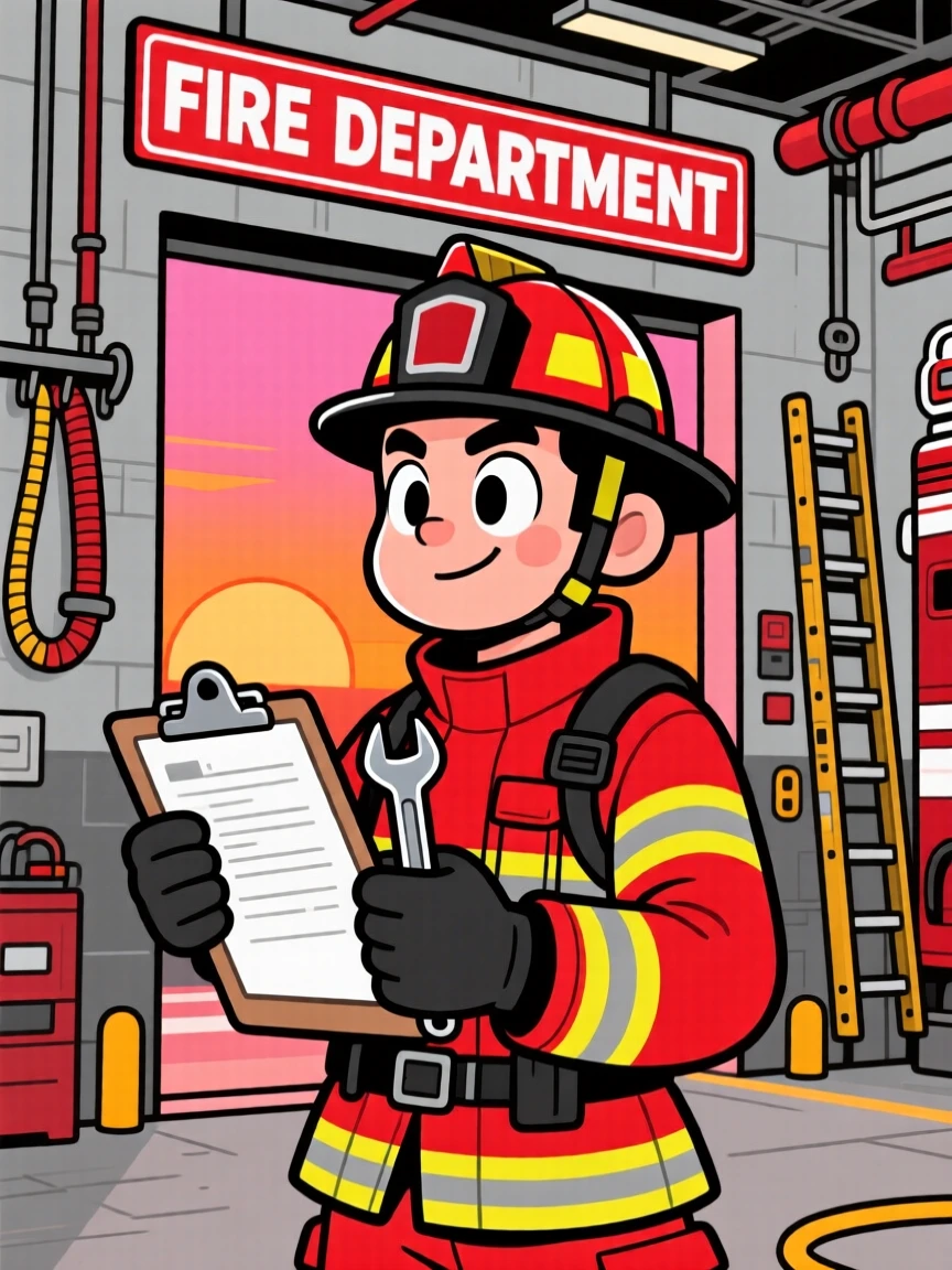 A vibrant profession-themed portrait of a dedicated firefighter carefully double-checking every last detail, as the sun sets behind the workplace.
