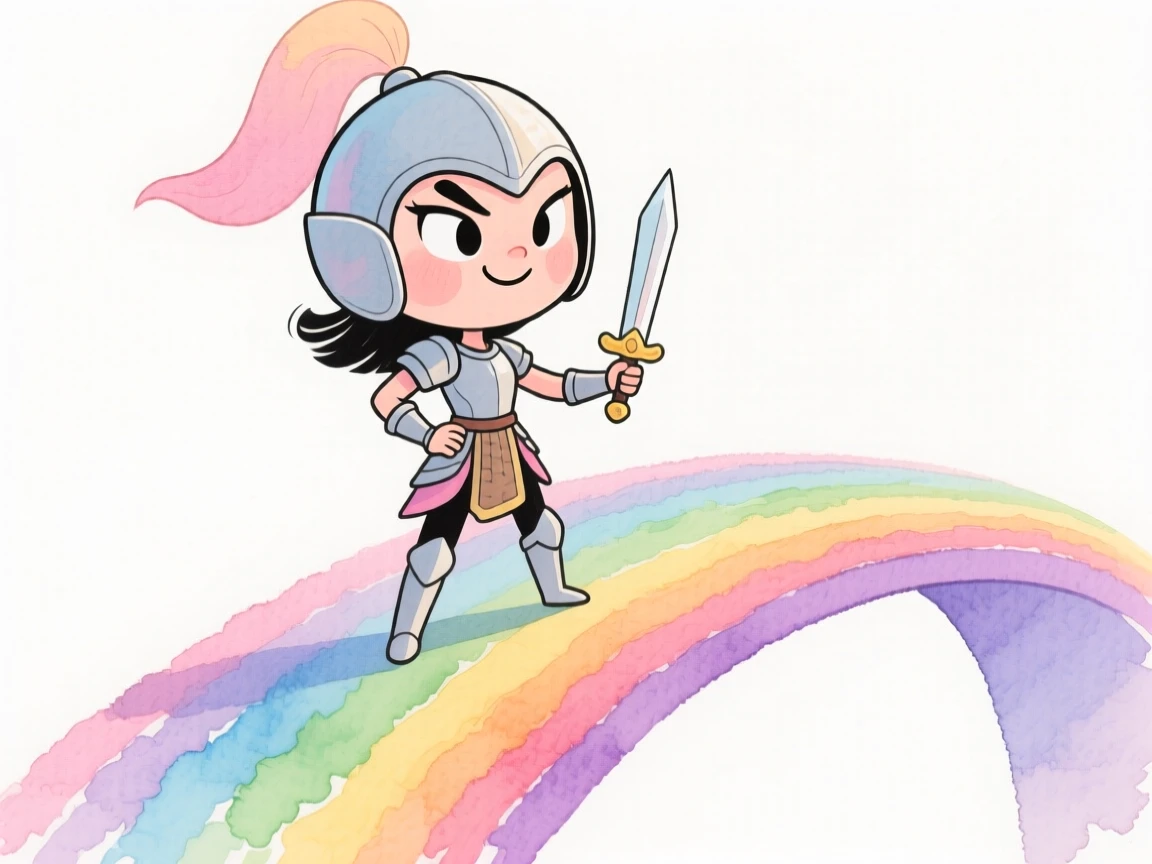A warrior princess standing at the edge of a rainbow bridge