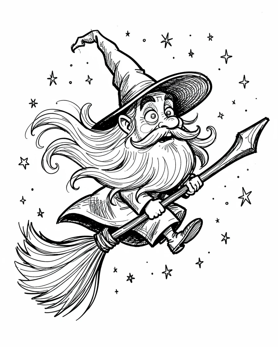 [Fantasy & Imaginative Scenarios] Imaginative fantasy scene of a wizard riding a broomstick through a starry night sky, brimming with wonder
