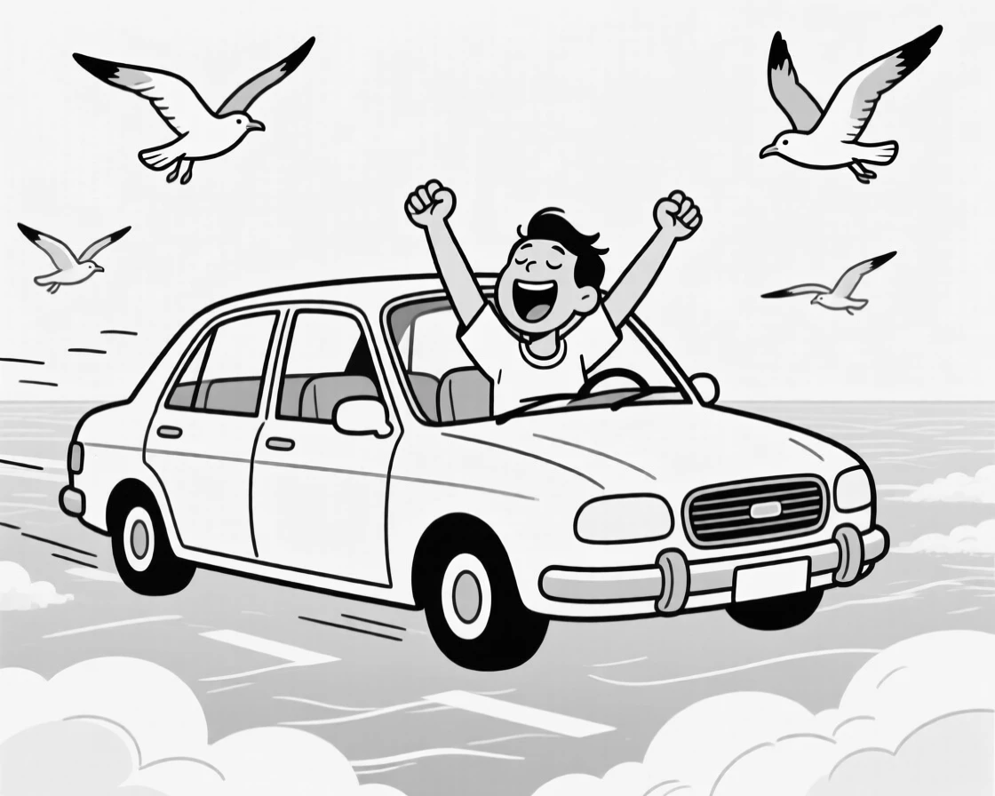 A road-tripper singing loudly with the windows down, throwing both arms up in pure victorious joy, set thirty thousand feet above rolling clouds. Seagulls circle hopefully overhead. The scene captures the giddy chaos of exploring somewhere new.