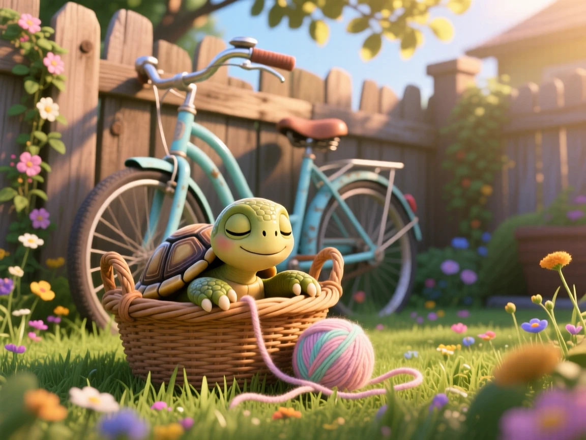A tiny turtle hatchling is sitting in a vintage bicycle basket, pawing gently at a ball of yarn. A gentle, sleepy calm fills the moment, with its whiskers twitching gently.