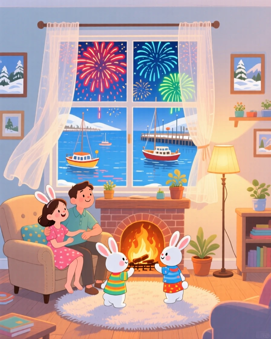 In a cozy living room by the fire, a family of snow rabbits celebrate together by watching fireworks bloom over a summer harbor, with fireworks bursting in the sky above.