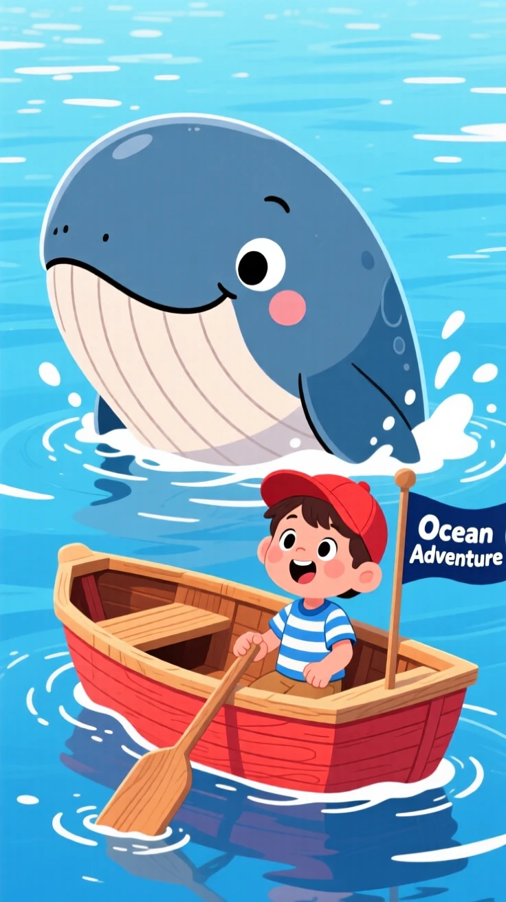 A whale gently surfacing beside a curious rowboat.
