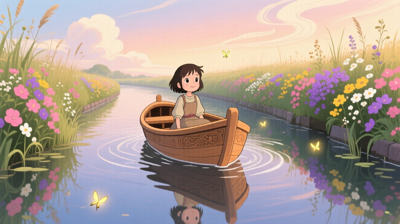 A charming scene of a canal boat drifting slowly past flower-lined banks, reflected in the still water below.
