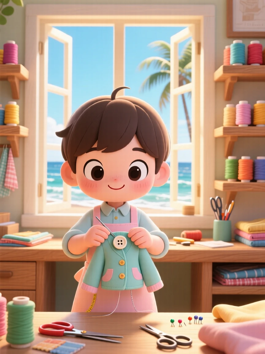 Symmetrical front-on view of a small tailor, sewing a button onto a tiny jacket, in a cozy sewing workshop, on a breezy coastal afternoon, illuminated by bright midday sun, radiating warm affection.