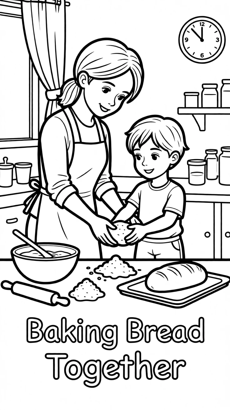 A mother teaching her child to bake bread