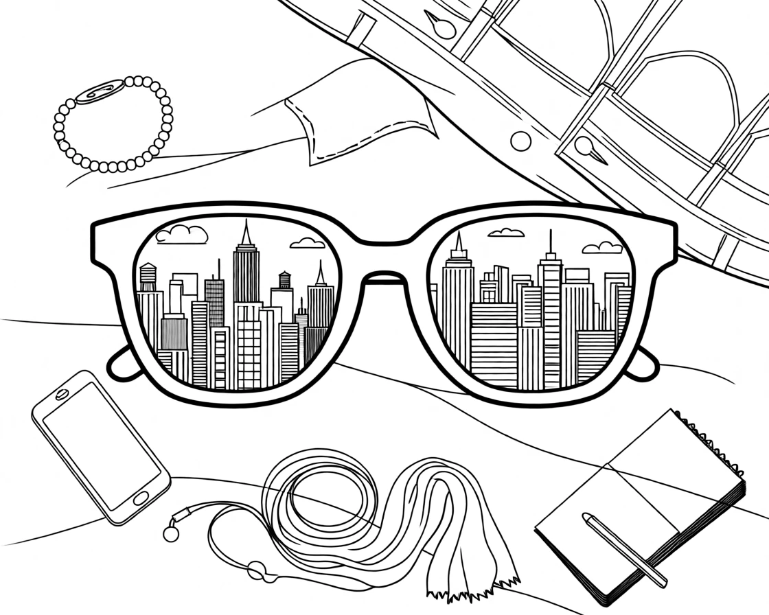 A pair of sunglasses reflecting a city skyline, laid out on a bed surrounded by scattered accessories.