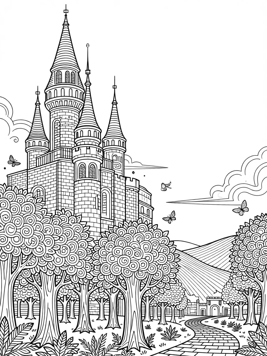 Spires of a fairytale castle rising from a forest.