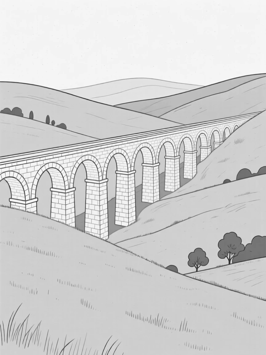A stone aqueduct stretching across a green valley