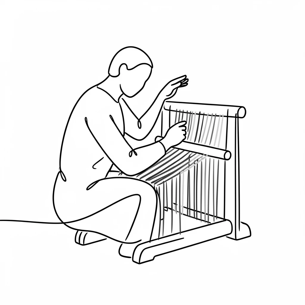 A rug weaver working a loom strung with colorful threads