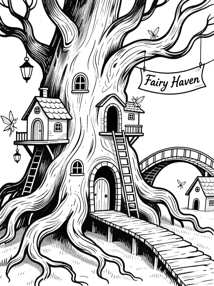 A fairy village built into the roots of a massive ancient tree.