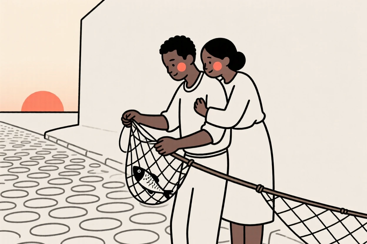 A fisherman of ethiopian heritage mending nets at sunrise, sharing a tender embrace, on a quiet cobblestone street.