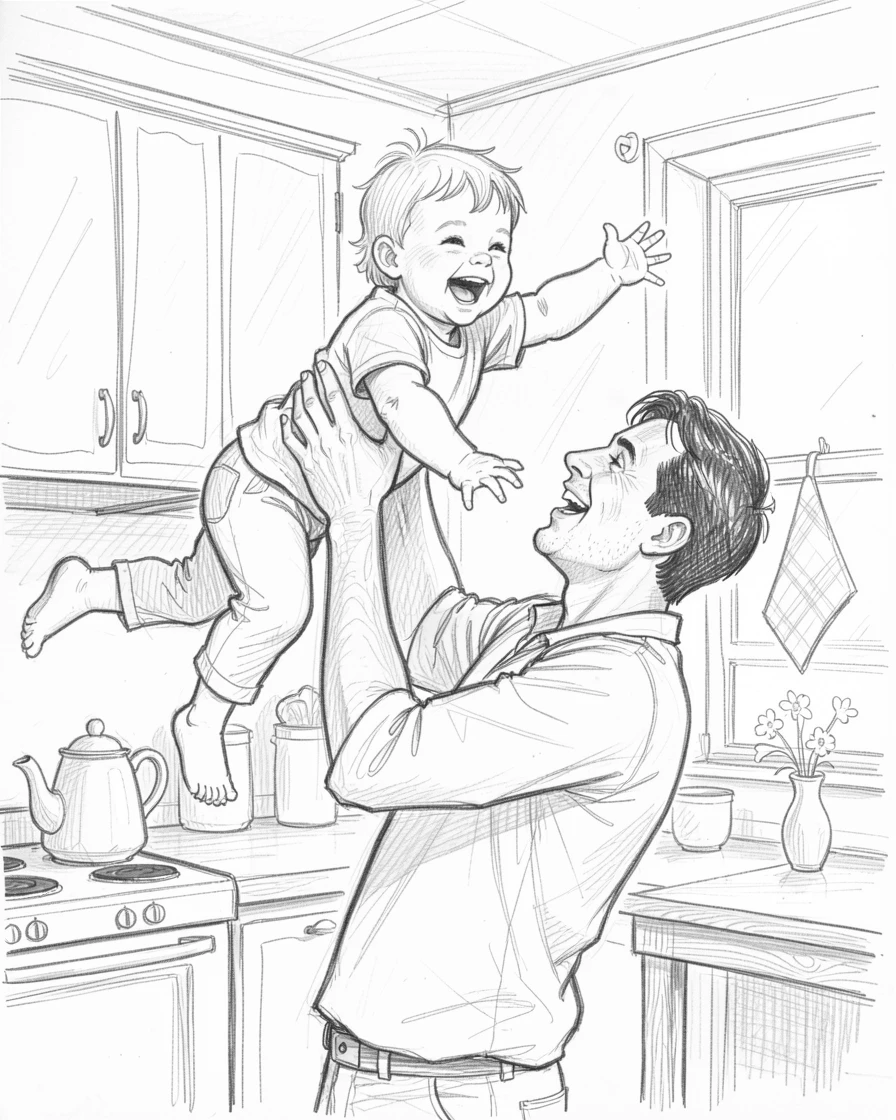 A father lifting his laughing toddler into the air, in a cozy kitchen, brimming with heartfelt love.