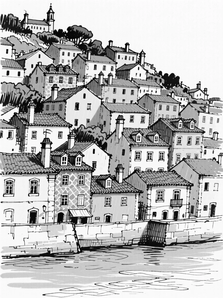 The colorful rooftops of Lisbon cascading down a hillside to the river.