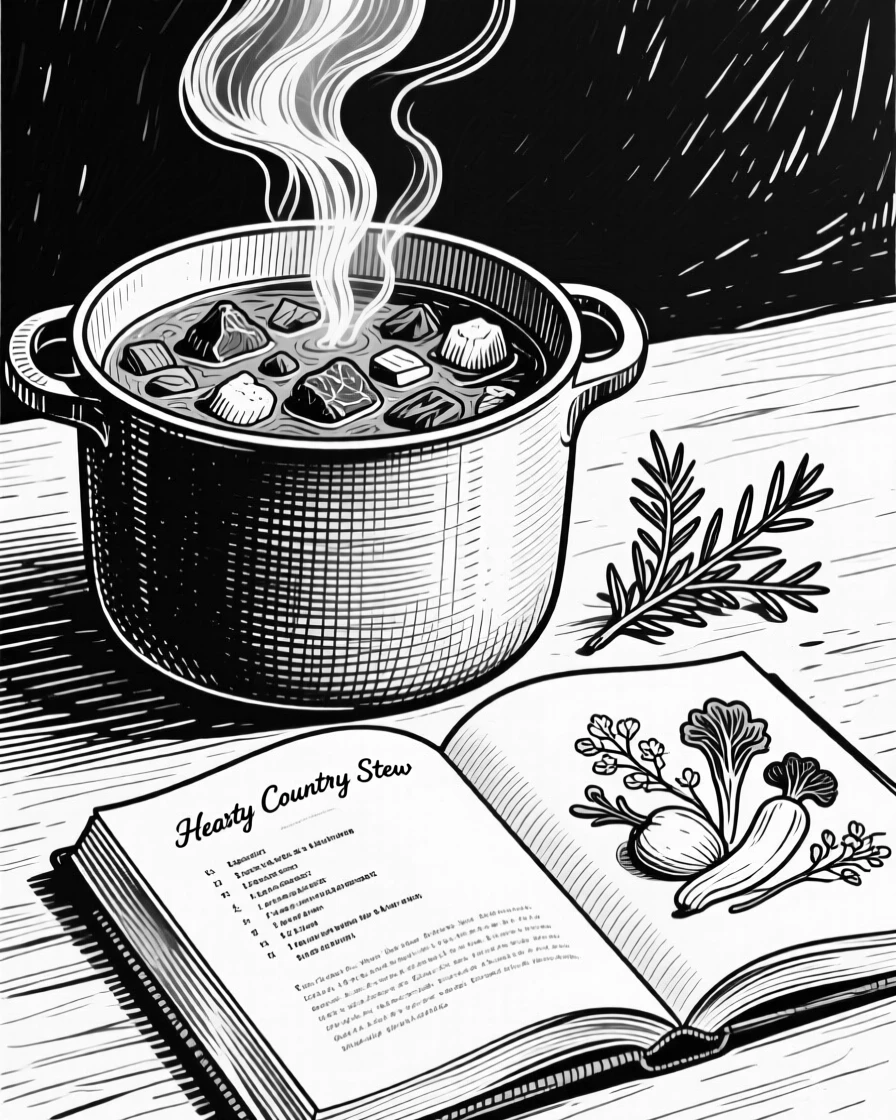 A steaming pot of hearty stew placed beside an open cookbook, with a sprig of herbs used as garnish, presented in an indulgent and delightful culinary still life.