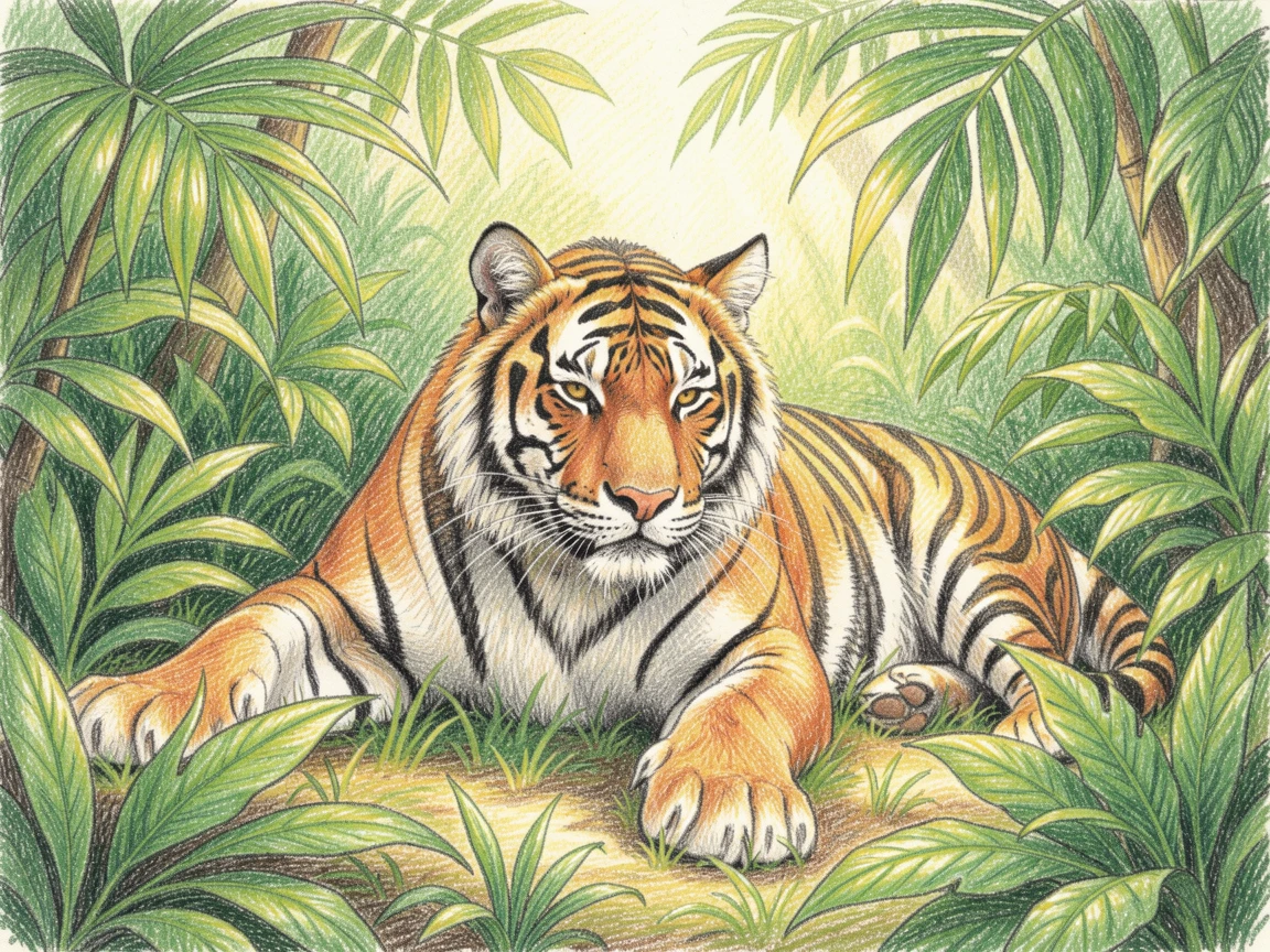 A tiger resting peacefully in a sunlit jungle clearing, framed thoughtfully to draw the eye toward the central subject, designed to feel inviting, memorable, and shareable.