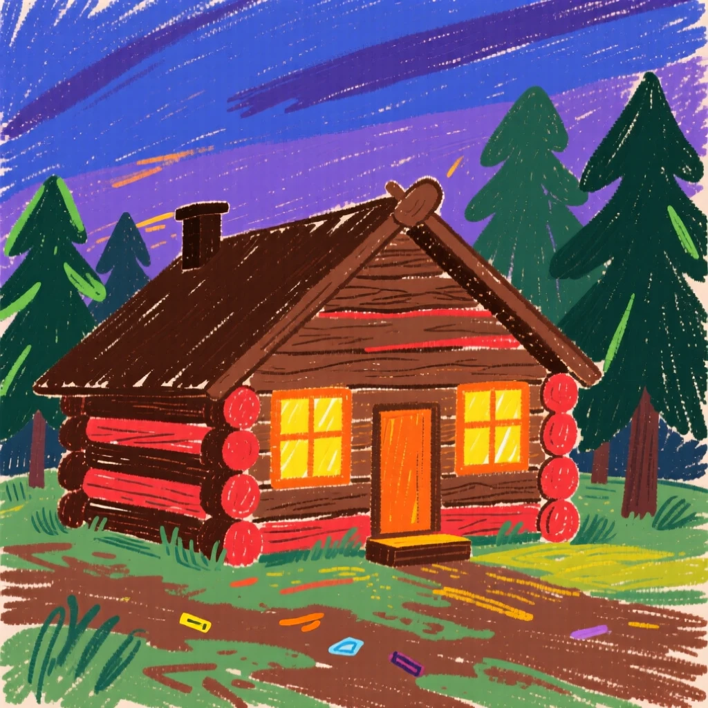 A log cabin glowing warmly with lit windows at dusk.