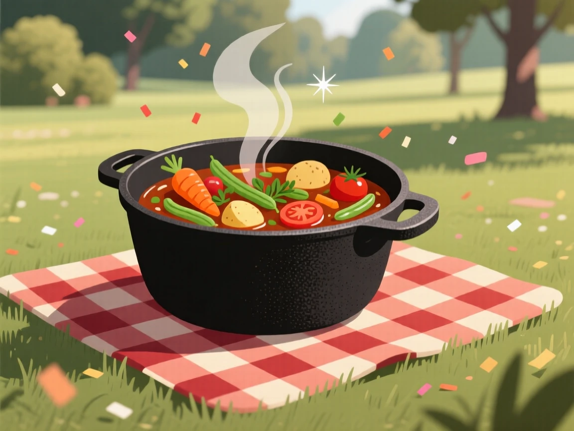 A bowl of hearty vegetable stew steaming in a rustic pot, arranged on a picnic blanket in a park, arranged with elegant simplicity and clean lines, with a joyful, celebratory feel.