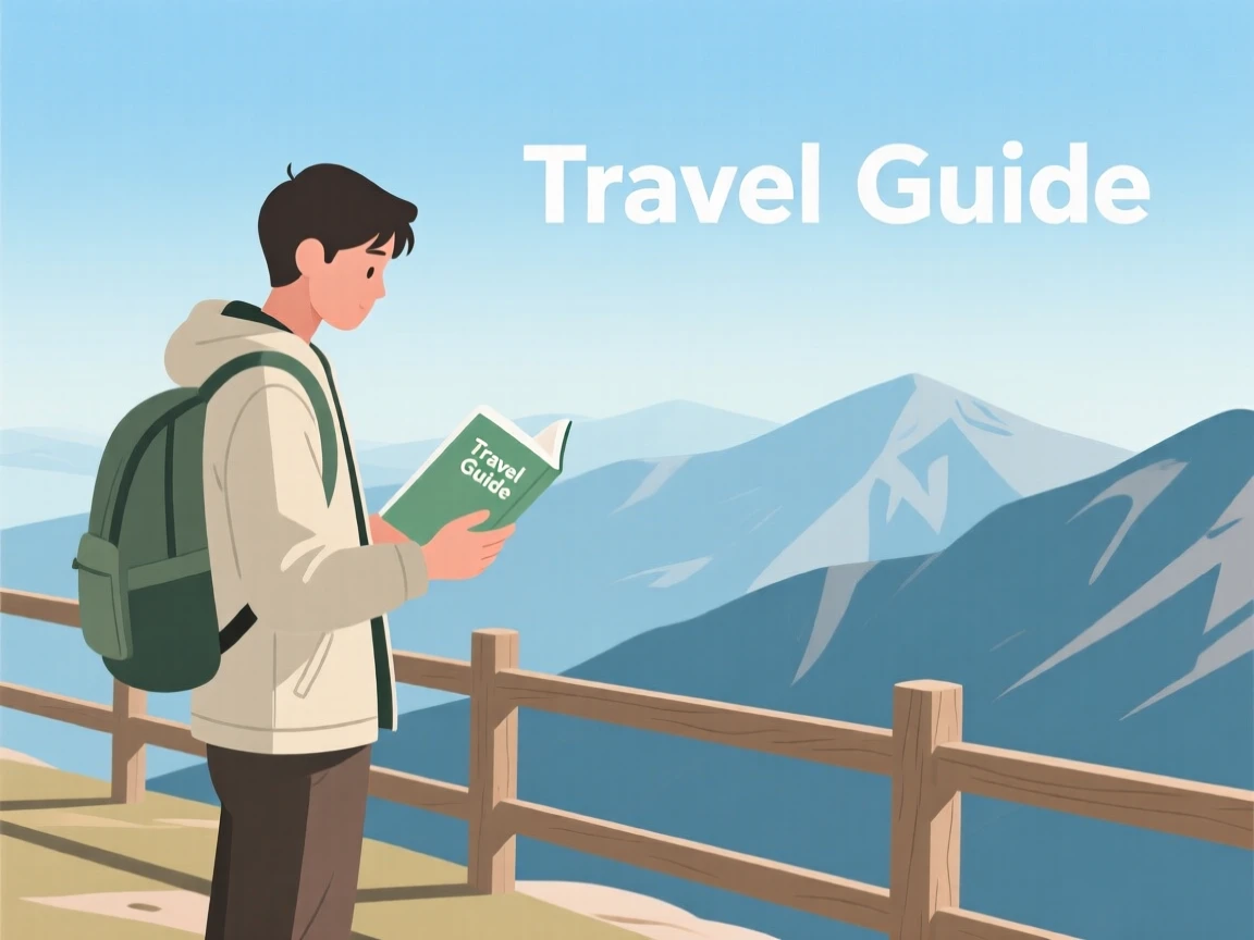 A traveler reading a guidebook near a mountain viewpoint.