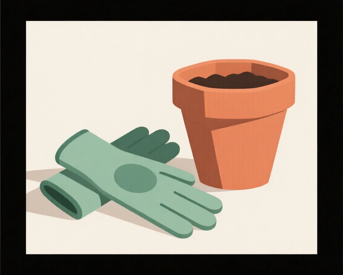 A pair of gardening gloves beside a flowerpot