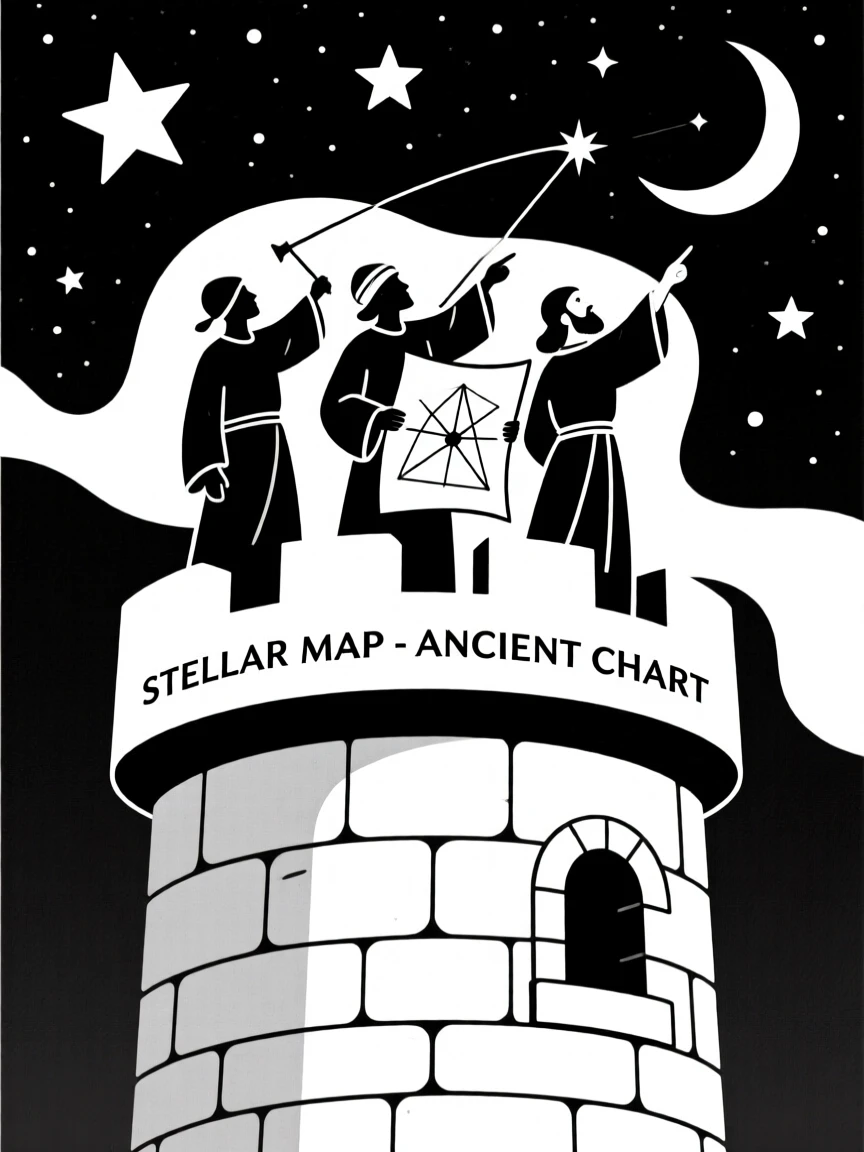 Early astronomers charting the stars from an ancient tower.