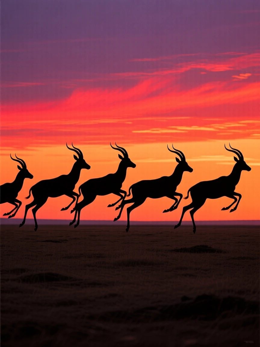 A herd of antelope leaping in unison across an open plain.