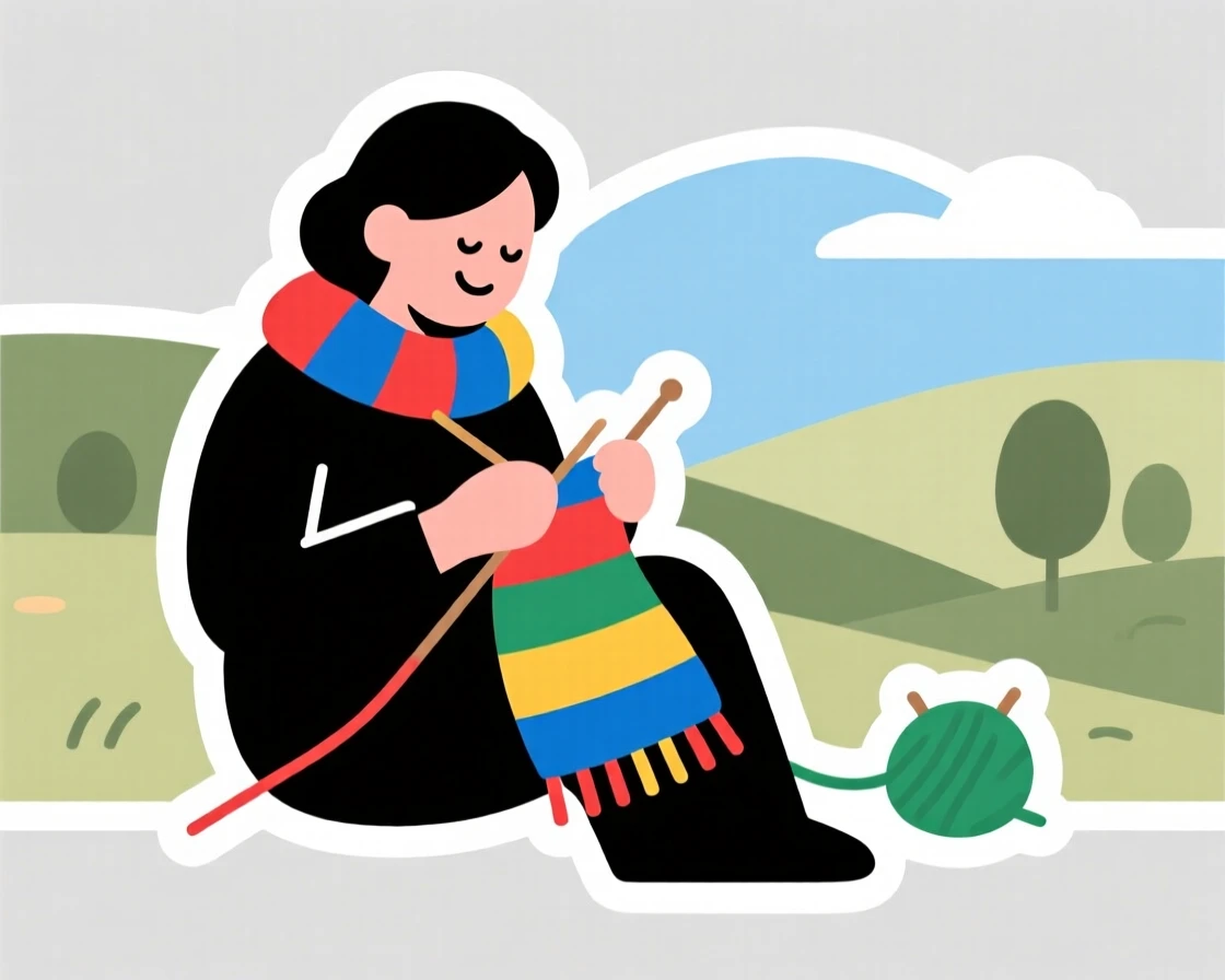 A calm and content knitter working on a colorful scarf, with a look of quiet satisfaction, at a scenic outdoor location.