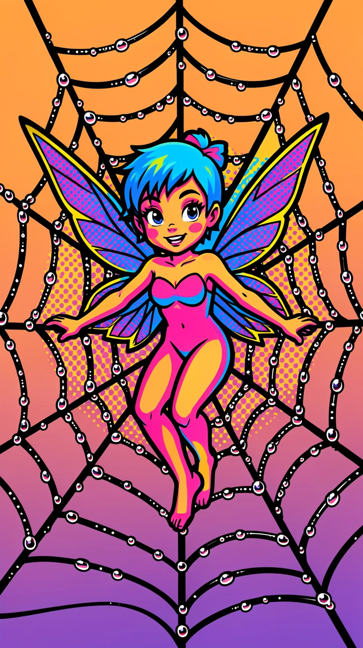 A pixie perched on a dewy spiderweb at dawn