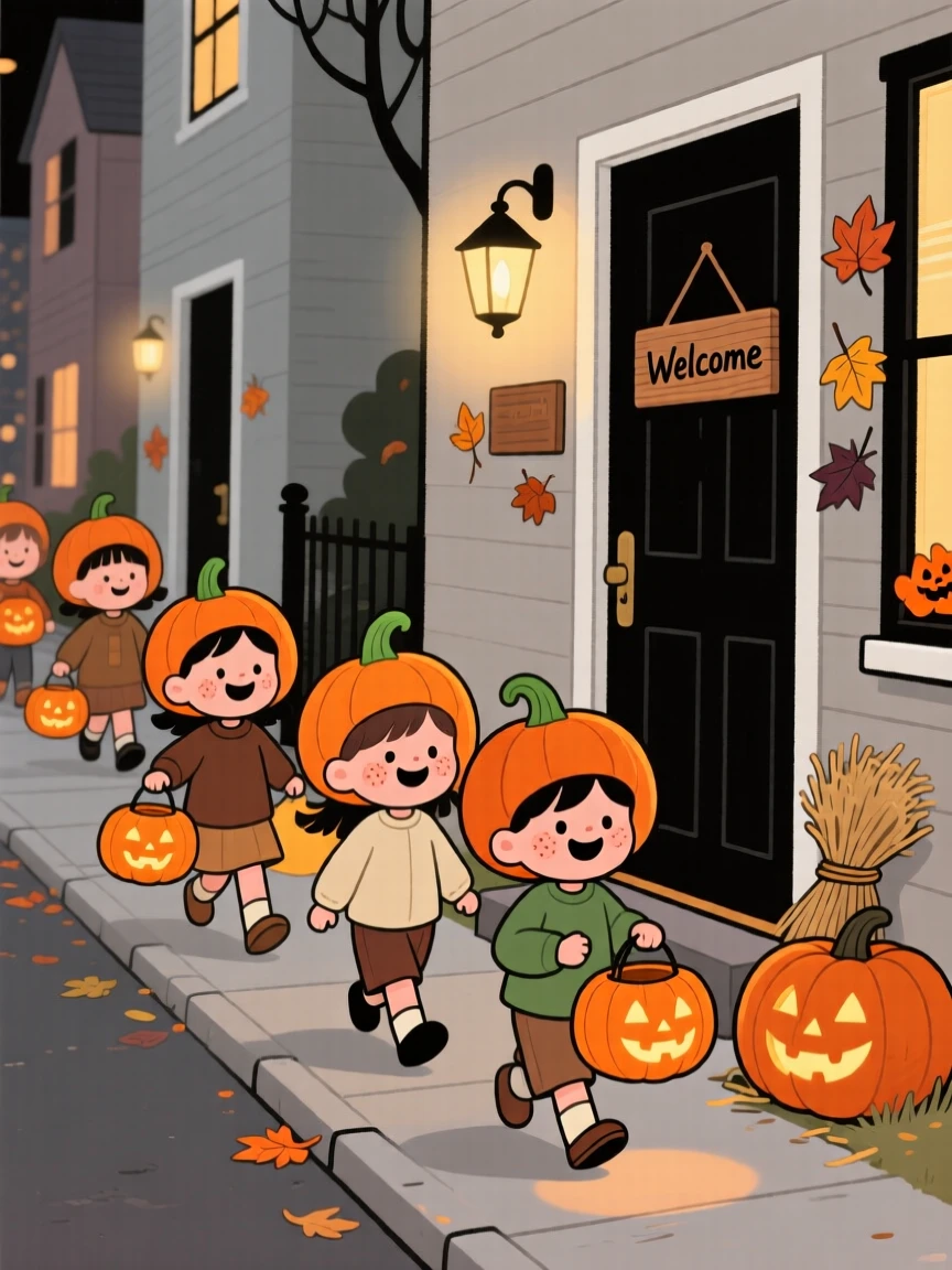Children in little pumpkin hats carry carved pumpkins through a quiet neighborhood street decorated for Halloween, giggling at every doorway.