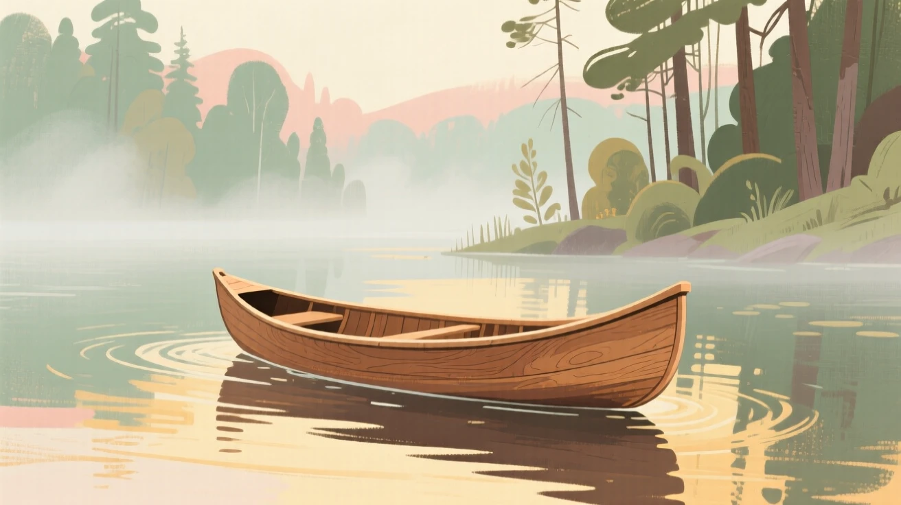 A wooden canoe drifting silently across a misty forest lake