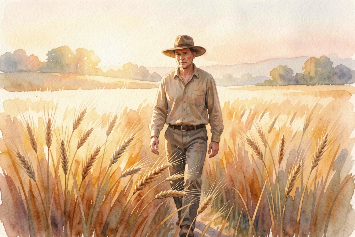 A farmer walking through a golden wheat field at sunset with soft natural light illuminating the scene.