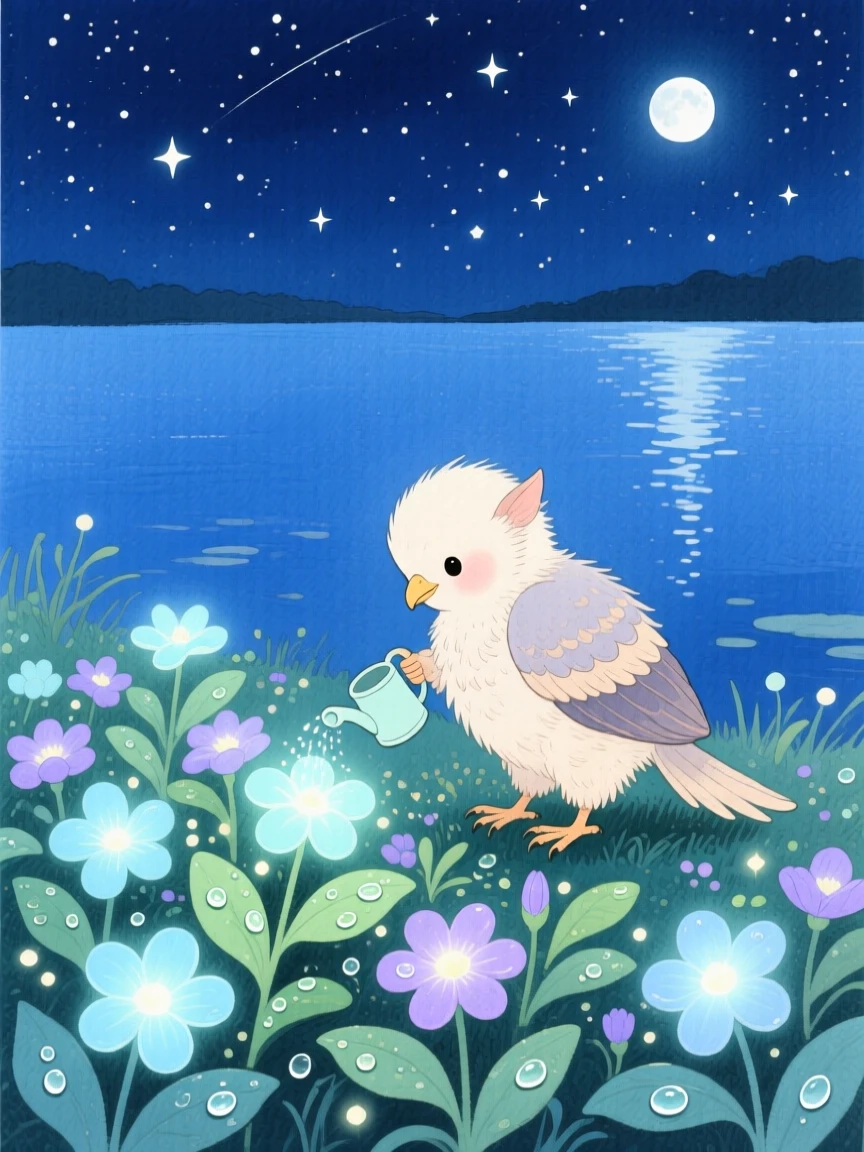 A tiny baby griffin waters a garden of luminous flowers in a starlit lakeshore, while dew glistens on every leaf