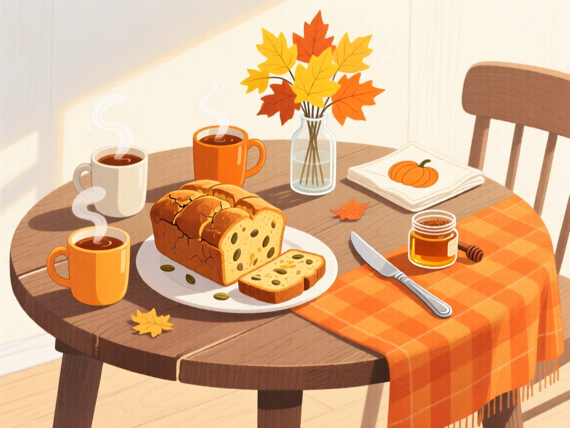 A festive scene of a cozy autumn breakfast with pumpkin bread and warm cider.