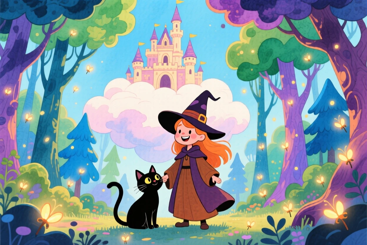 A witch with a friendly black cat standing before a castle perched atop a cloud, in an enchanted forest glowing with fireflies, filled with wonder and magical excitement.