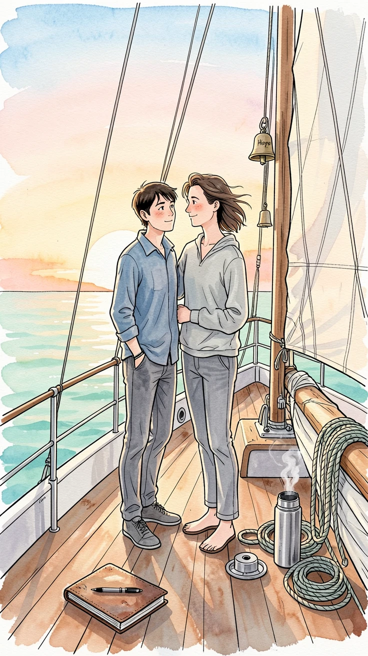 A couple watching the sunrise from the deck of a small sailboat, small details hinting at the story behind the moment.