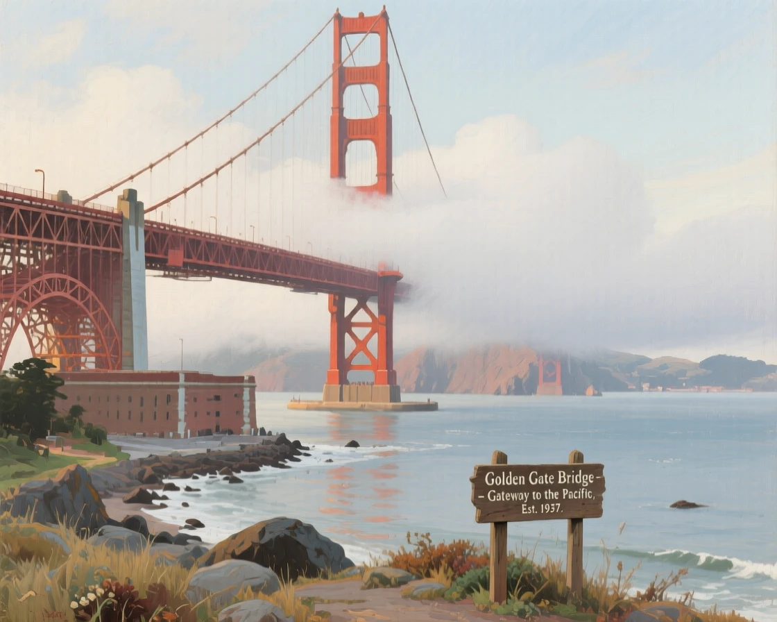 The Golden Gate Bridge emerging from a thick blanket of coastal fog, with intricate architectural details rendered in careful precision, celebrating the architectural wonder and cultural richness of the location