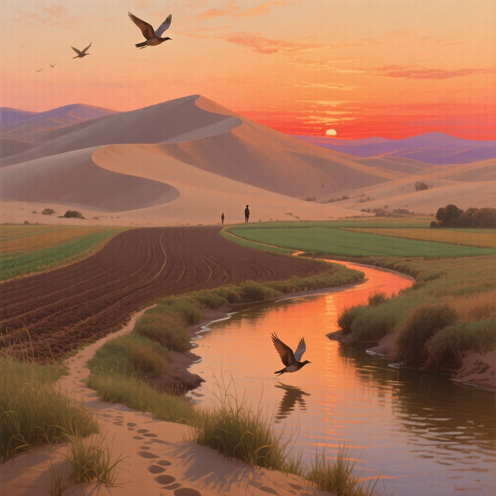 A vast desert dune landscape glowing under a fiery sunset captured in the fleeting stillness of a perfect moment, set at the edge where cultivated land meets wild nature, with birds gliding low over the water and long shadows stretching across the grass; a winding path or river leads the eye deep into the distance, radiating the serene majesty of untouched nature.