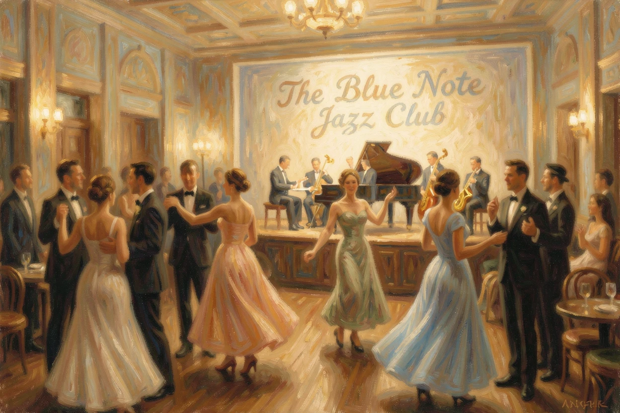 A 1920s jazz club filled with dancers, dim golden light, and a band playing on a small stage, conveying a feeling of romance and tranquility.