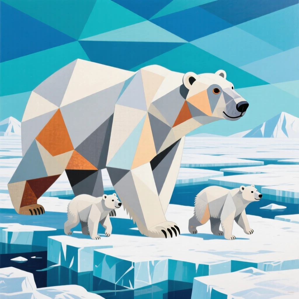 A polar bear and her two cubs walking across a vast Arctic ice field.