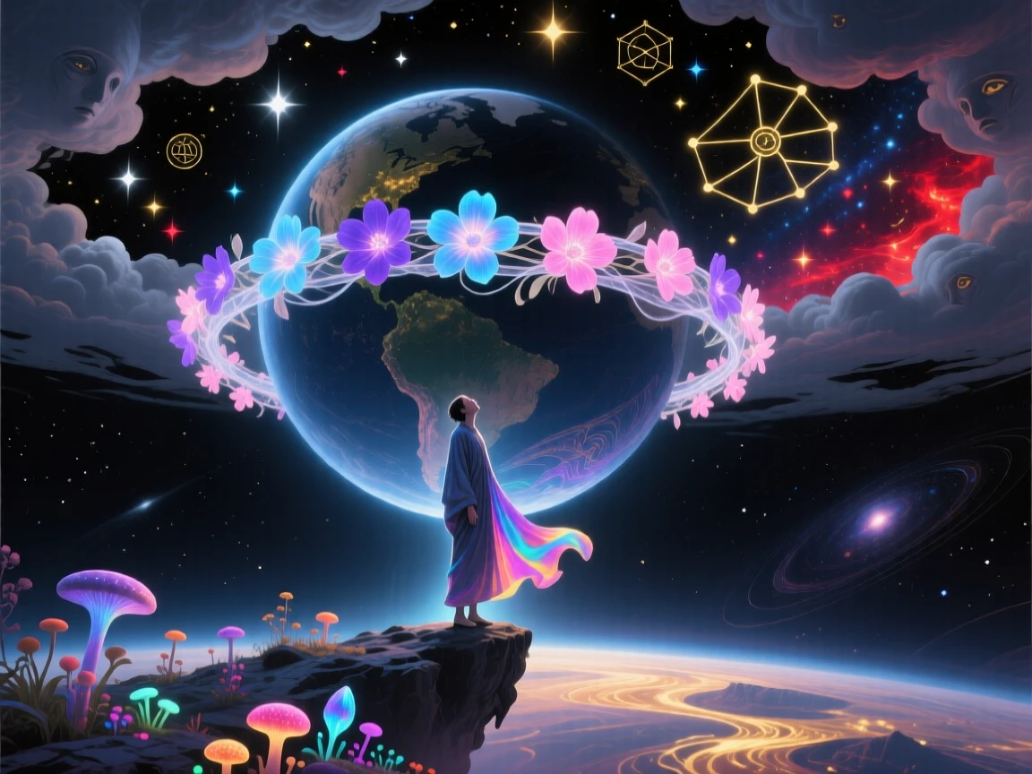 A planet ringed with delicate strands of blooming flowers illuminates a single figure standing in awe beneath it, as clouds part gently to reveal deeper layers of stars beyond.