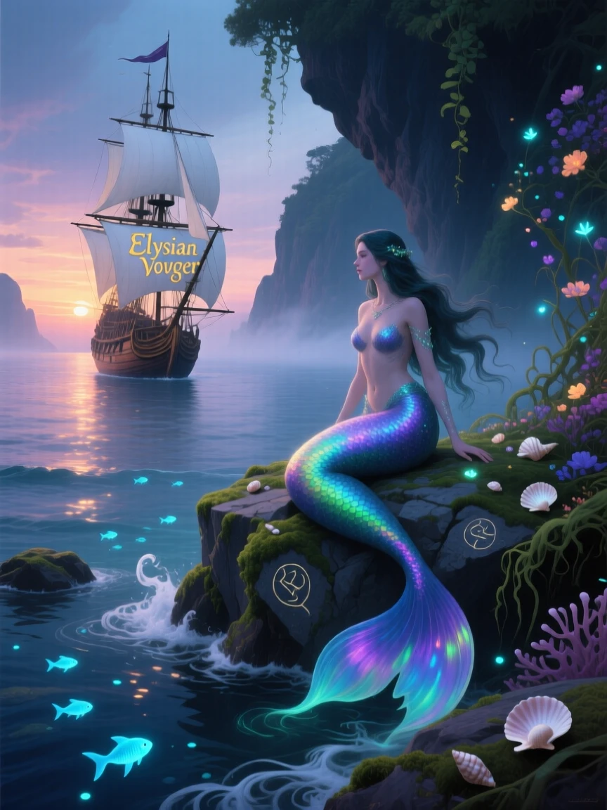 A mermaid perches on a rock at the edge of a hidden cove, her iridescent tail catching the light as she gazes toward a distant ship, small magical details scattered throughout the scene rewarding a closer look.