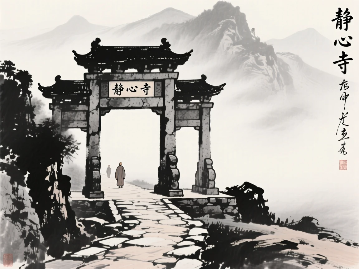 A stone temple gate stands at the entrance to a mist-covered mountain path, with monks' footsteps echoing along a stone path.