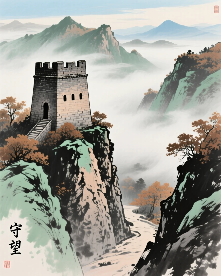 An old stone watchtower standing guard over a mountain pass, through swirling morning fog, at the turn of autumn, brimming with peaceful contentment.
