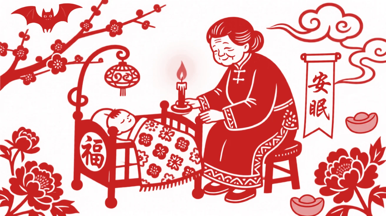 A grandmother rocking a cradle by candlelight, humming softly to a sleeping infant