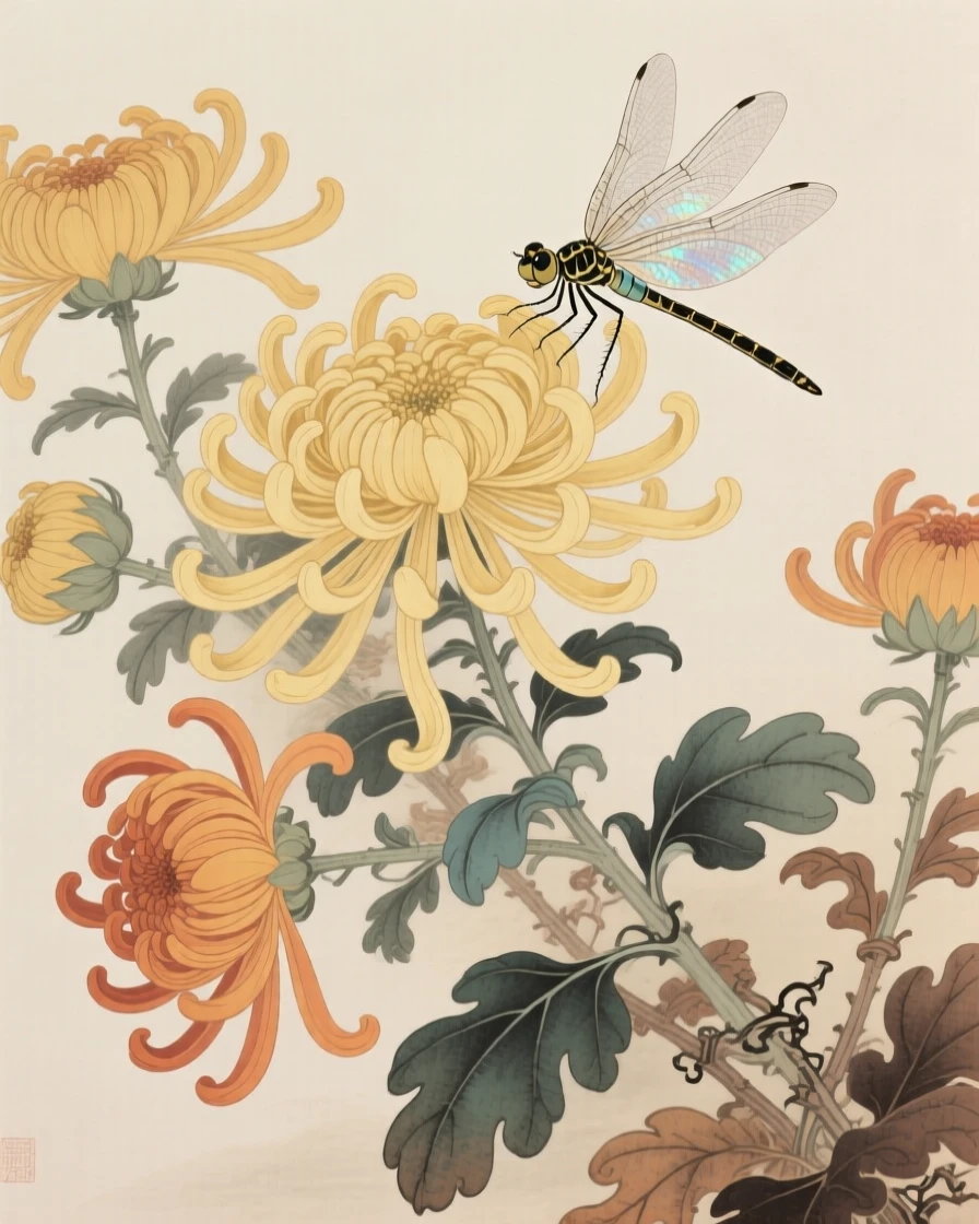 Chrysanthemums in late autumn with a single dragonfly resting on one petal
