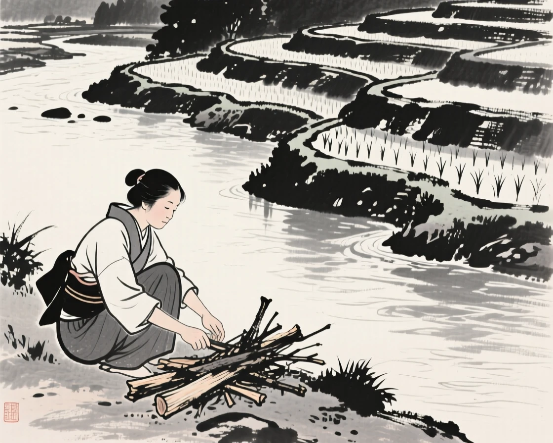 A woman gathering firewood resting beside a quiet river beside a terraced rice field, framed intimately, focusing on quiet gesture and expression, evoking warmth, simplicity, and quiet dignity.